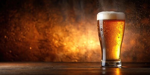 Beverage frame background with glass of beer and water drops on brown background