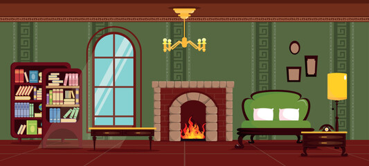 Vector illustration of a vintage room interior. Cartoon scene of a room with a fireplace, a sofa, a table, a bedside table with a telephone, a floor lamp, cabinets with books, a window, a chandelier.