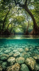 Dense mangrove forest with roots reaching down into the clear water