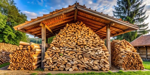 Big pile of firewood in yard under roof of house with depth of field