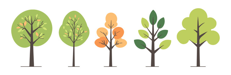 Set of tree and leaf collection hand drawn flat design vector element. botanical set of bare trees and ones with leaves and lush green