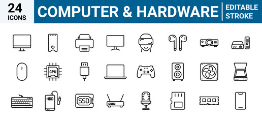 Computer and Hardware line web icons. PC, such as RAM memory, hdd, ssd cpu processor. Keyboard mouse headphone speakers, laptop monitor server. Webcam, printer. Editable stroke.