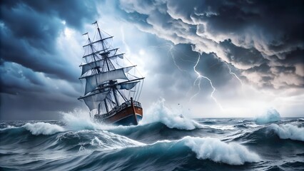 Obraz premium Dramatic sailing yatch crashing through big waves in a thunder storm