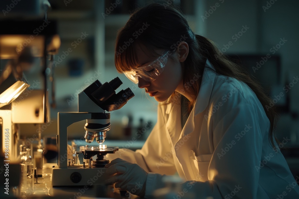 Poster a scientist intensely focused on her work in a laboratory, using a high-powered microscope