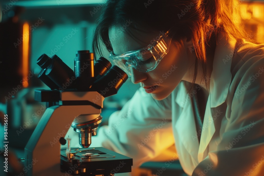Aufkleber a scientist intensely focused on her work in a laboratory, using a high-powered microscope