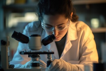 A scientist intensely focused on her work in a laboratory, using a high-powered microscope