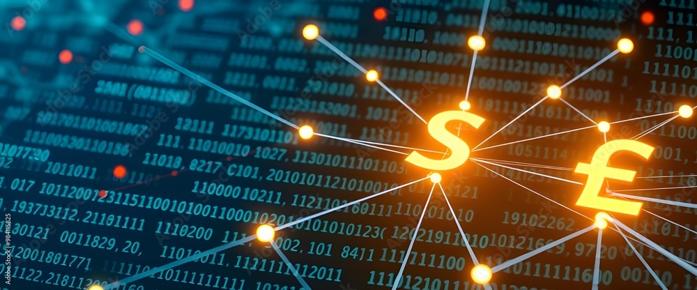 Poster binary code spreads out like a neural network across the background, with major currency symbols (€,