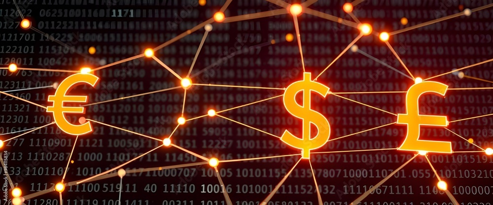 Poster binary code spreads out like a neural network across the background, with major currency symbols (€,