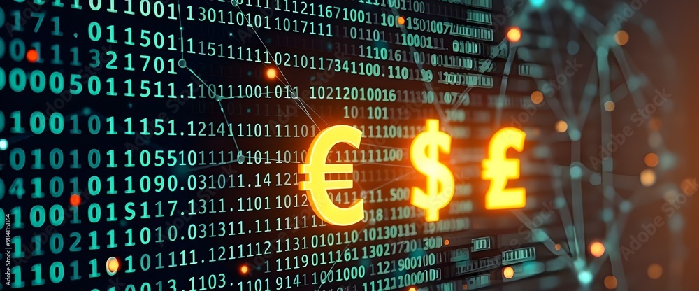 Poster binary code spreads out like a neural network across the background, with major currency symbols (€,