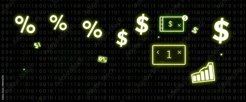 Poster a minimalist grid of binary code lines the background, with bright, glowing financial indicators lik