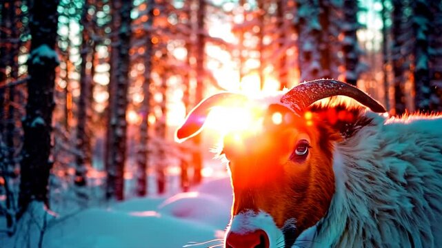 portrait de Rudolph le renne au nez rouge du P&egrave;re No&euml;l dans une for&ecirc;t enneig&eacute;e, baign&eacute; par une lumi&egrave;re dor&eacute;e et douce au coucher du soleil, avec un effet de bokeh r&ecirc;veur reflets d'objectif magiques