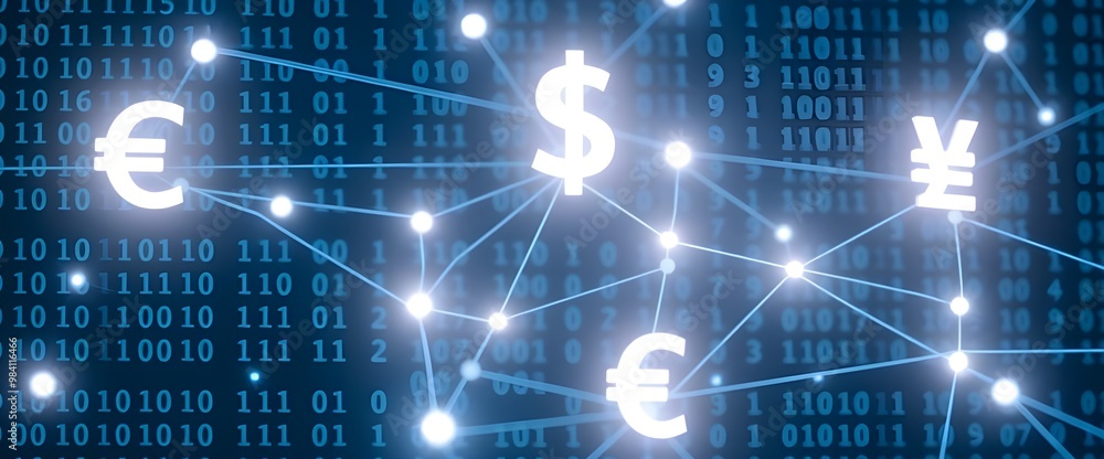Poster binary code spreads out like a neural network across the background, with major currency symbols (€,