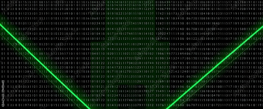 Poster a minimalist grid of binary code lines the background, with bright. the design uses a black and neon
