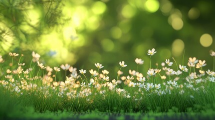 Fototapeta premium Delicate tiny grass flowers blooming from the floor, with intricate details and a vibrant green, natural background in a realistic setting