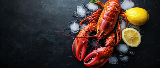 A fresh lobster on ice with lemon slices, ideal for seafood dishes.