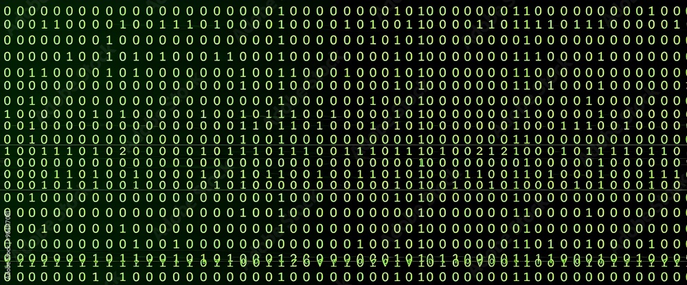Poster a minimalist grid of binary code lines the background, with bright. the design uses a black and neon