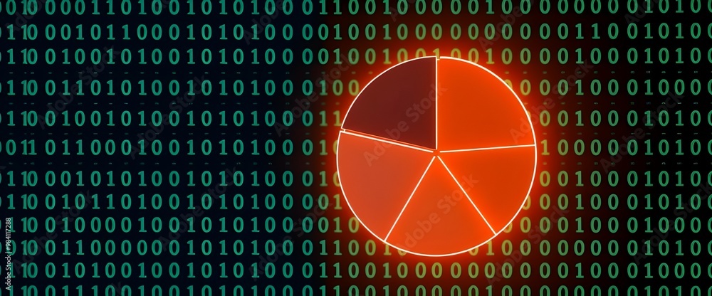 Poster a digital mesh of binary code fills the background, overlaid with a clean, segmented pie chart that 