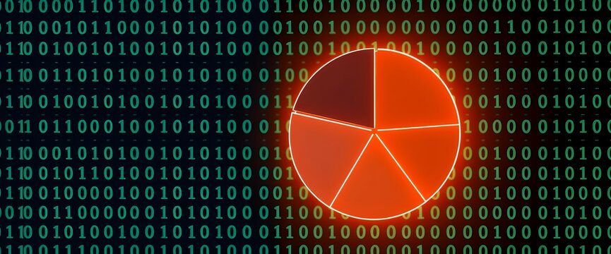 A digital mesh of binary code fills the background, overlaid with a clean, segmented pie chart that glows with neon accents. 