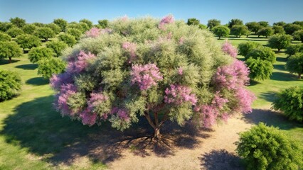 Obraz premium bird eye view of blooming desert willow tree with high quality architectural visualization and cutout plants