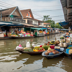A photo of a floating market in Thailand. There are small boats filled with various goods, such as fruits, vegetables, and handicrafts, moored along the canal. 