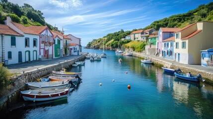Fototapeta premium A small coastal town with fishing boats docked in the harbor, surrounded by colorful houses and calm blue waters