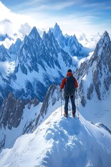 A lone hiker stands on a snowy mountain peak, gazing out at a breathtaking view of the surrounding mountain range.