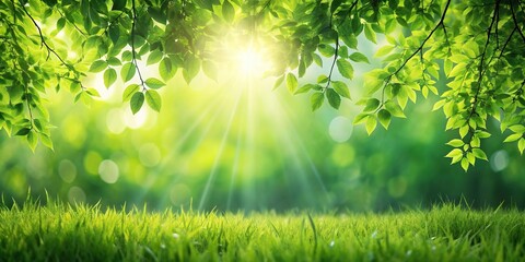 Bird eye view of sunlit green lush grass and tree leaves background