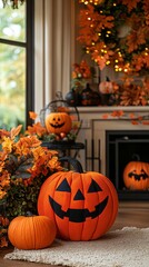 Obraz premium Home autumn decor with cozy fabric pumpkins