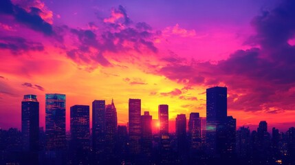 Obraz premium A sunset sky reflected in a city skyline, with skyscrapers silhouetted against the vibrant evening colors