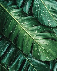 Closeup of lush green leaves with water droplets