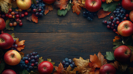 A decorative arrangement of apples, grapes, and autumn leaves on a wooden surface.