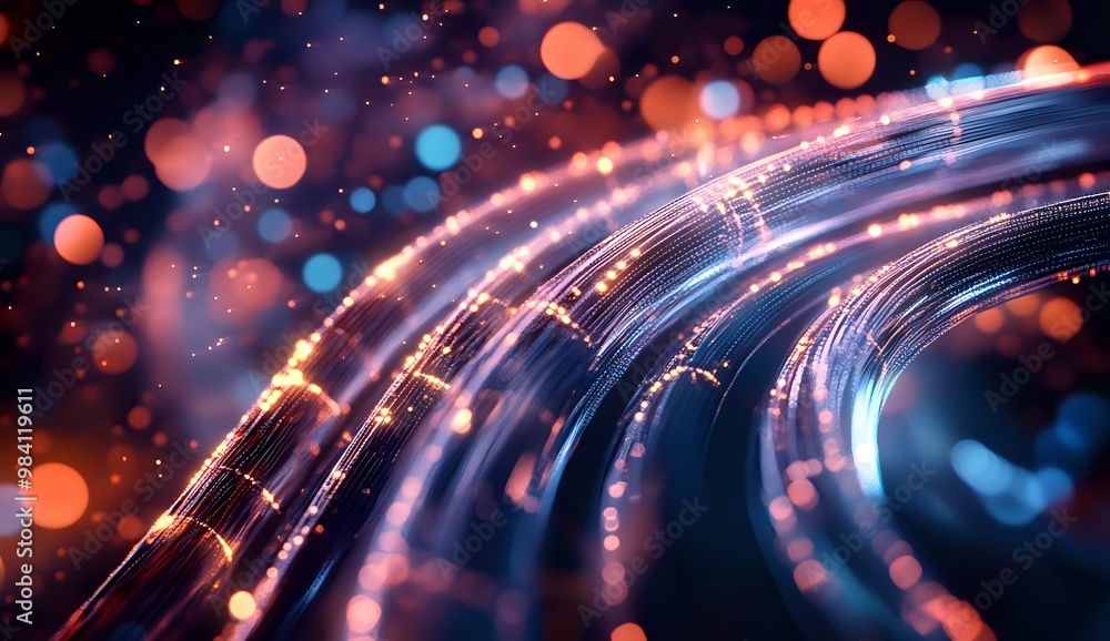 Poster abstract background with glowing lines and bokeh lights.