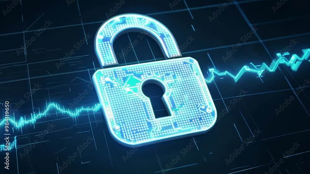 Poster A metallic padlock appears prominently in the foreground, featuring a keyhole and intricate designs, surrounded by a blue background of digital data lines symbolizing security.