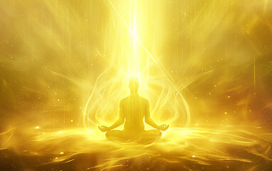 Meditation in golden light, with rays of spiritual energy radiating outward. The soft, warm glow symbolizes inner peace, mindfulness, and the connection to higher consciousness. 