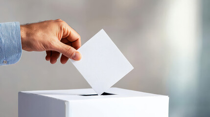 Hand placing a blank ballot into a white ballot box indicating civic engagement and participation in elections