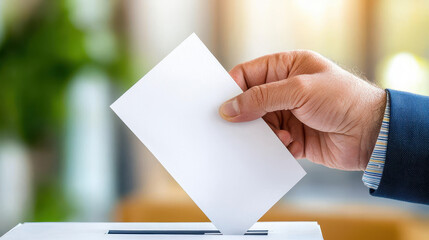 Hand inserting a blank ballot into a voting box in a modern, bright, and blurred background setting