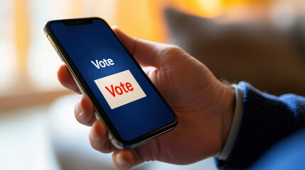 Close-up of a hand holding a smartphone displaying a voting screen with the word "Vote" prominently featured