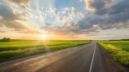 Fototapeta premium A beautiful summer countryside scene showcasing vibrant green rice fields in a wide panorama.