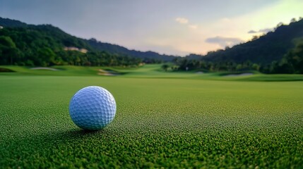 Golf ball on green fairway with serene golf course landscape in background