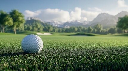 Golf ball on green fairway with serene golf course landscape in background 