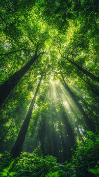 Lush green forest with towering trees and sunlight