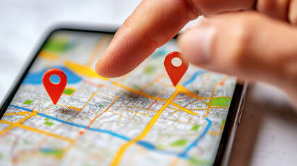 Close-up of a hand interacting with a smartphone displaying a detailed map with location markers