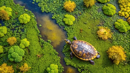 Bird Eye View Yellow-headed Temple Turtle inhabits wetlands