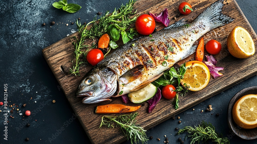 Poster Fresh fish with vegetables on wooden board