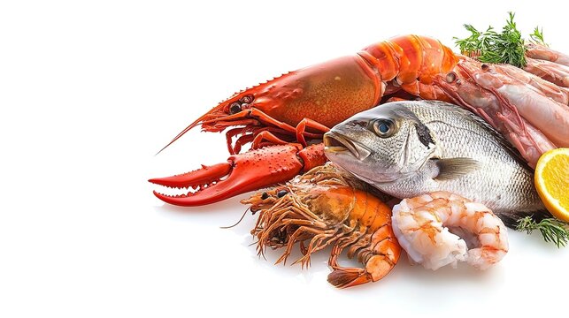 Fresh catch of fish and other seafood isolated on white 