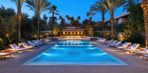 A luxurious outdoor pool area featuring comfortable lounge chairs