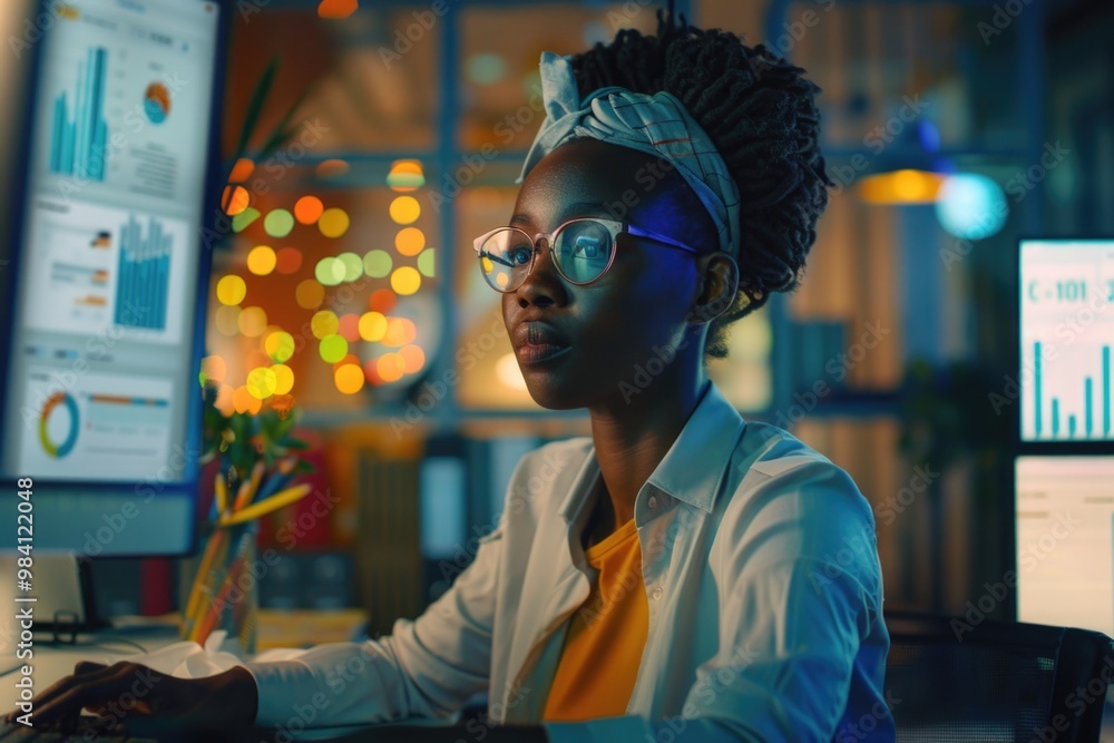 Poster female scientist analyzing data on computer screen