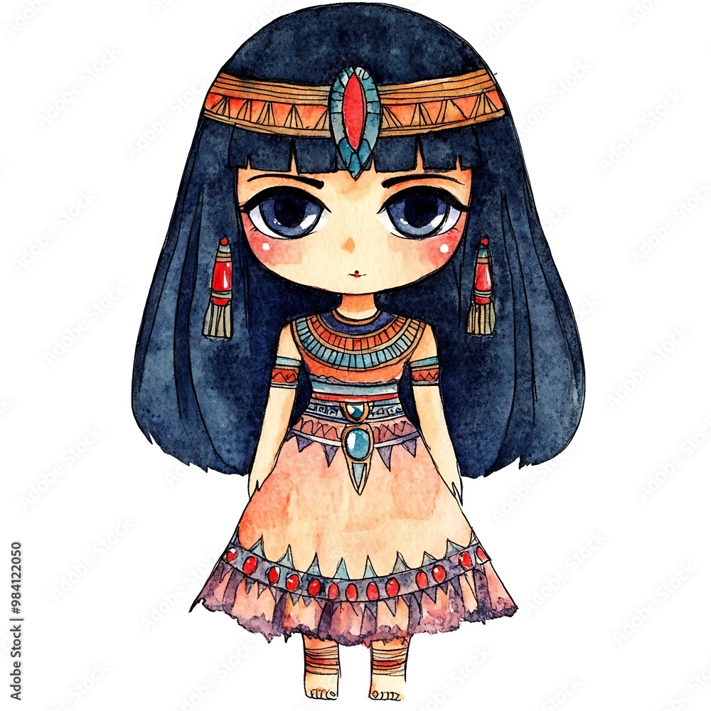 Poster Watercolor Illustration of a Cute Cartoon Egyptian Girl in Traditional Clothing.