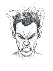 Black and white sketch of a man with spiky hair showing intense anger on his face.