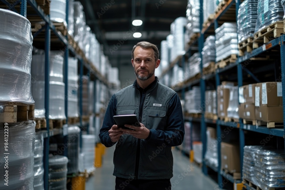 Poster a professional in a warehouse environment, managing inventory and using technology for logistics. sa